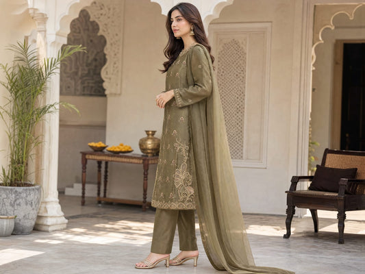 Hand-Embellished Sheesha Silk 3Pc Suit
