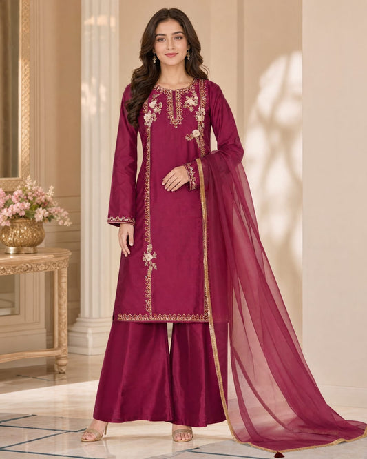 Hand-Embellished Sheesha Silk 3Pc Suit
