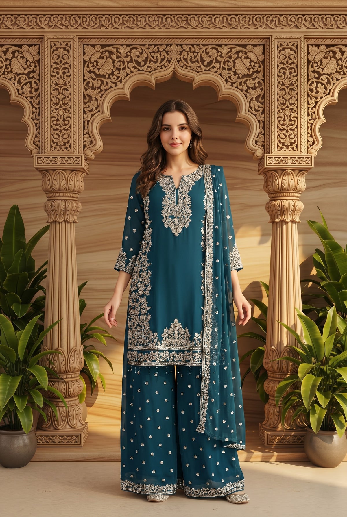Pure Chiffon 3-Piece Suit | Hand-Embellished Embroidered Shirt