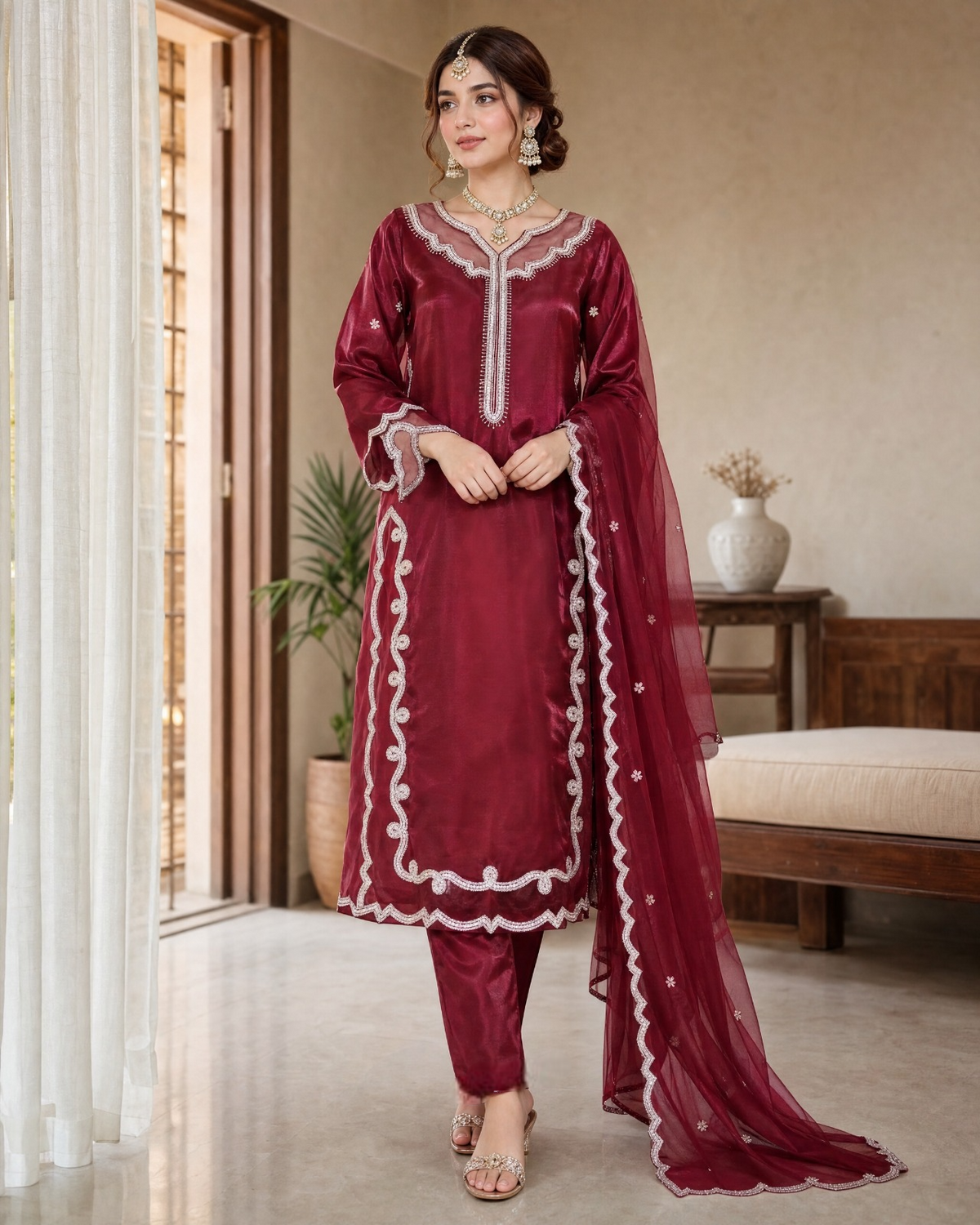 Premium Shesha Silk 3-Piece Suit with Handwork & Capri