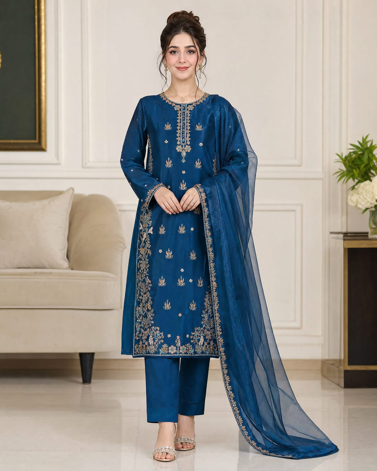 Premium Shesha Silk 3-Piece Suit with Handwork